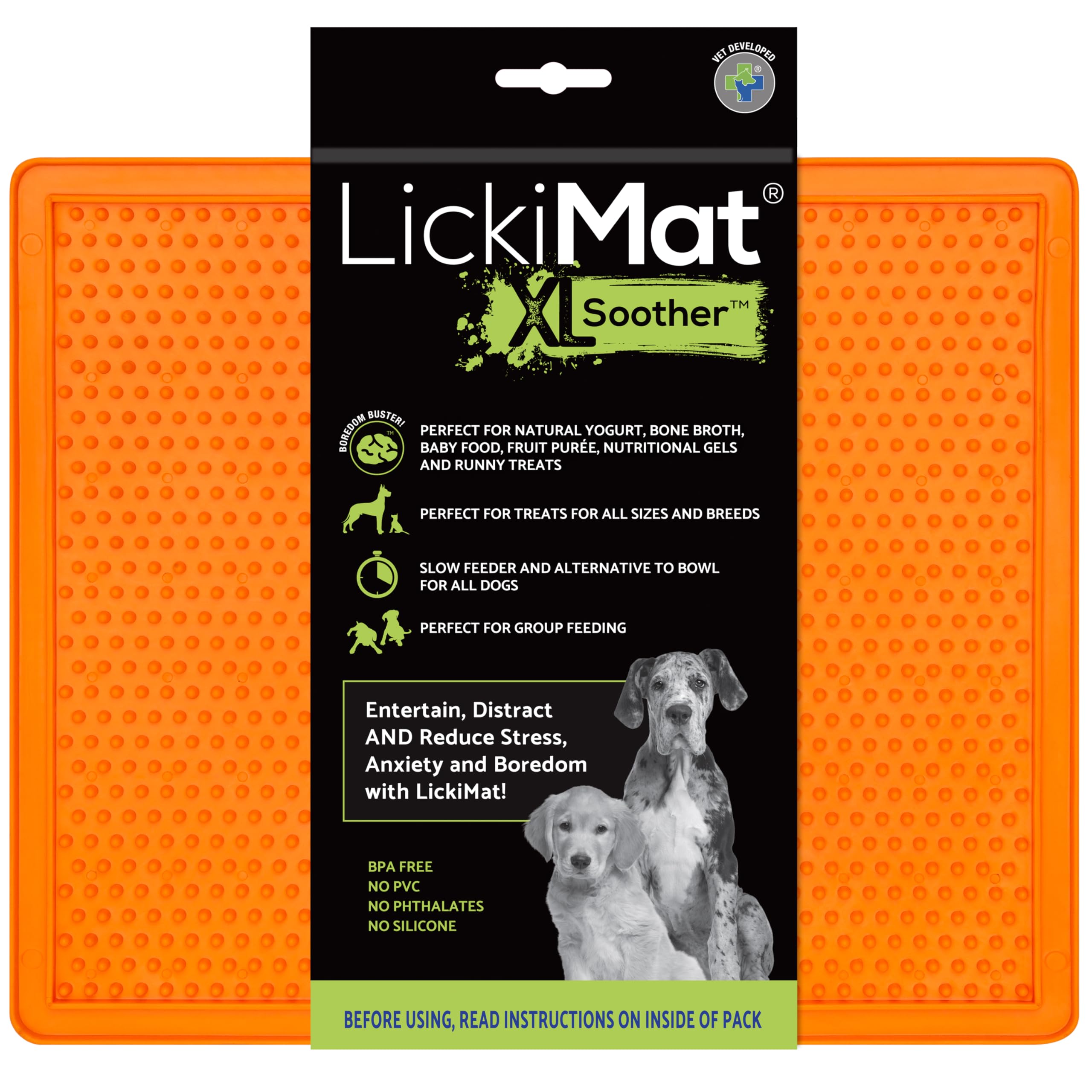LICKIMAT X Large Soother Dog Feeding Mat for Boredom and Anxiety Relief Ideal for Food Treat, Yoghurt or Peanut Butter, Fun Alternative to a Slow Feeder Dog Bowl, Perfect for Large Breed, Orange โ image 1