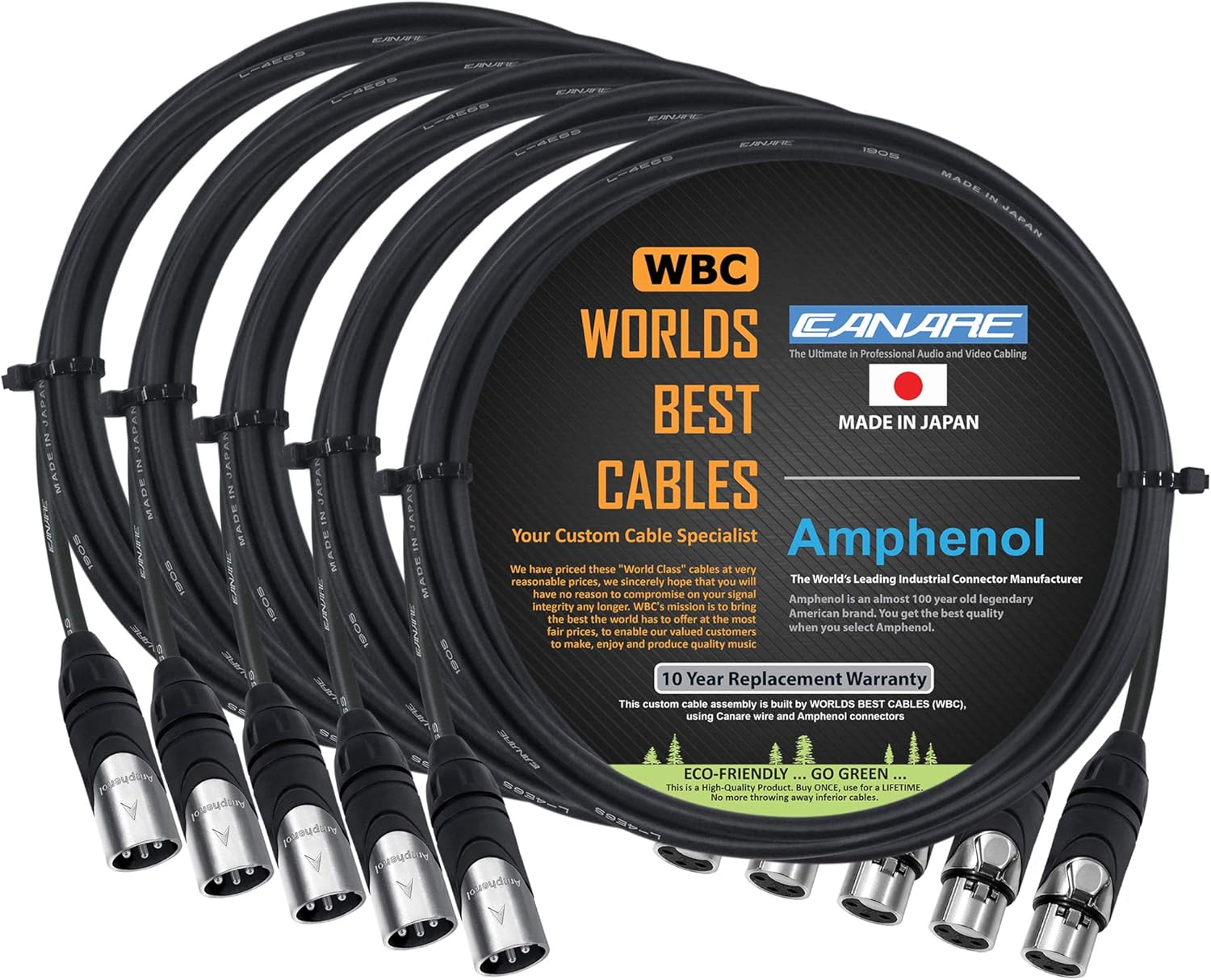 5 Units - 6 Foot - Canare L-4E6S, Star Quad Balanced Male To Female Microphone Cables With Amphenol AX3M & AX3F Silver XLR Connectors - CUSTOM MADE By WORLDS BEST CABLES