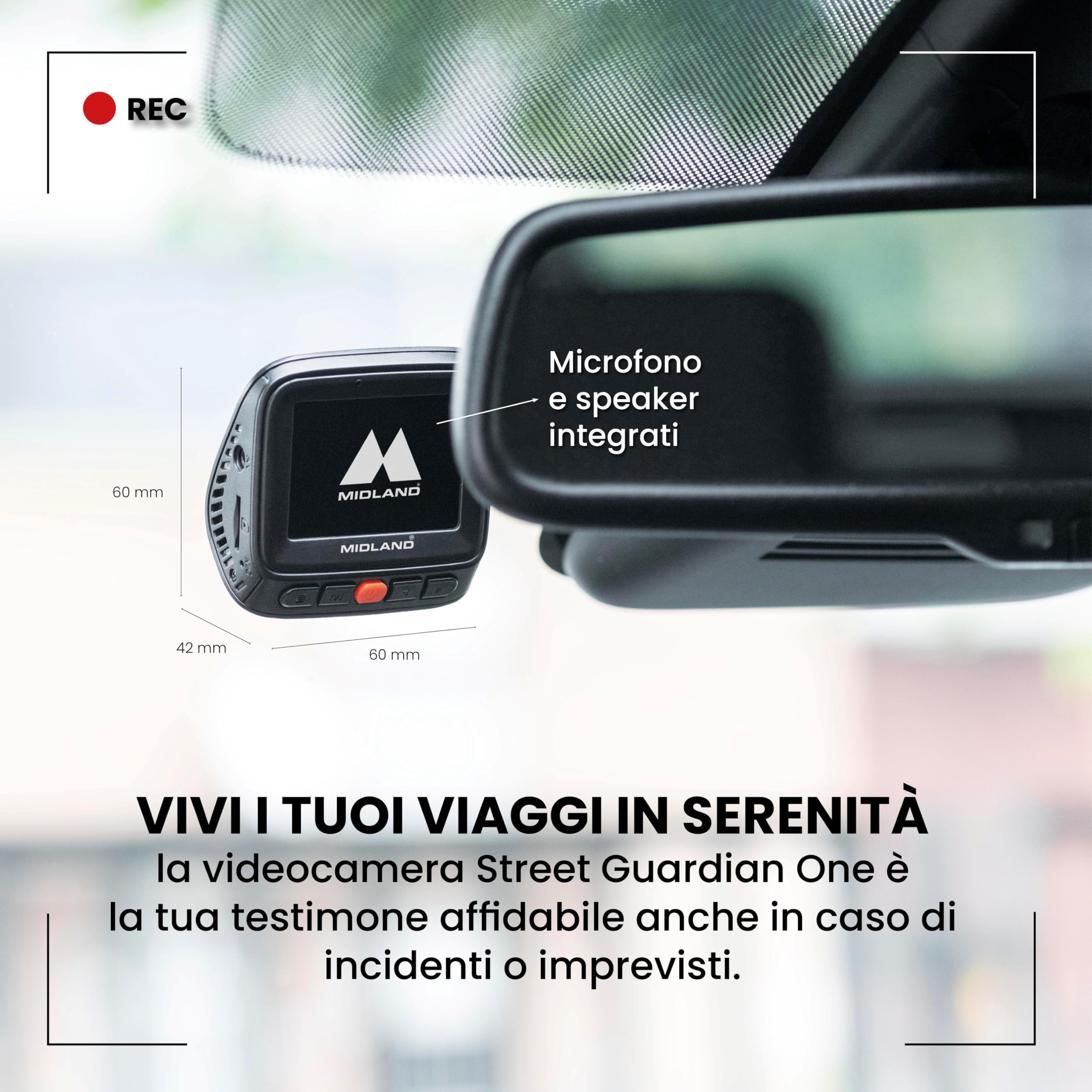 Midland - Dash Cam Auto Street Guardian One, Gadget e Accessori Auto, Dashcam ad Alta Risoluzione, Videocamera con Attivazione Automatica, Telecamera Facile da Installare per Sicurezza Stradale