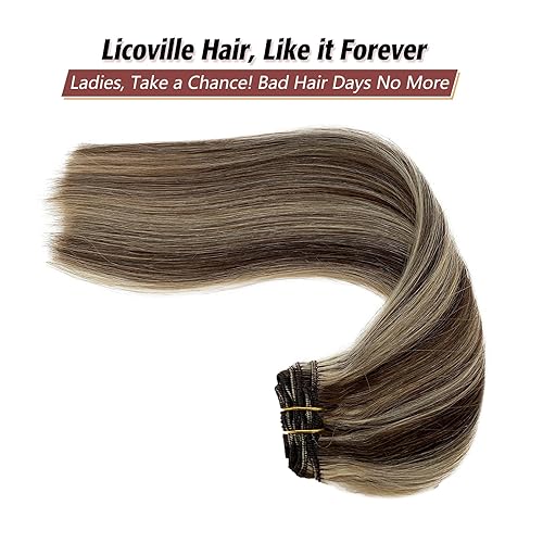 Miniatura 7 de Extensiones de cabello humano real con pinzas, color castaño medio y rubio decolorado, extensiones de cabello humano con clip, 18 pulgadas, cabeza