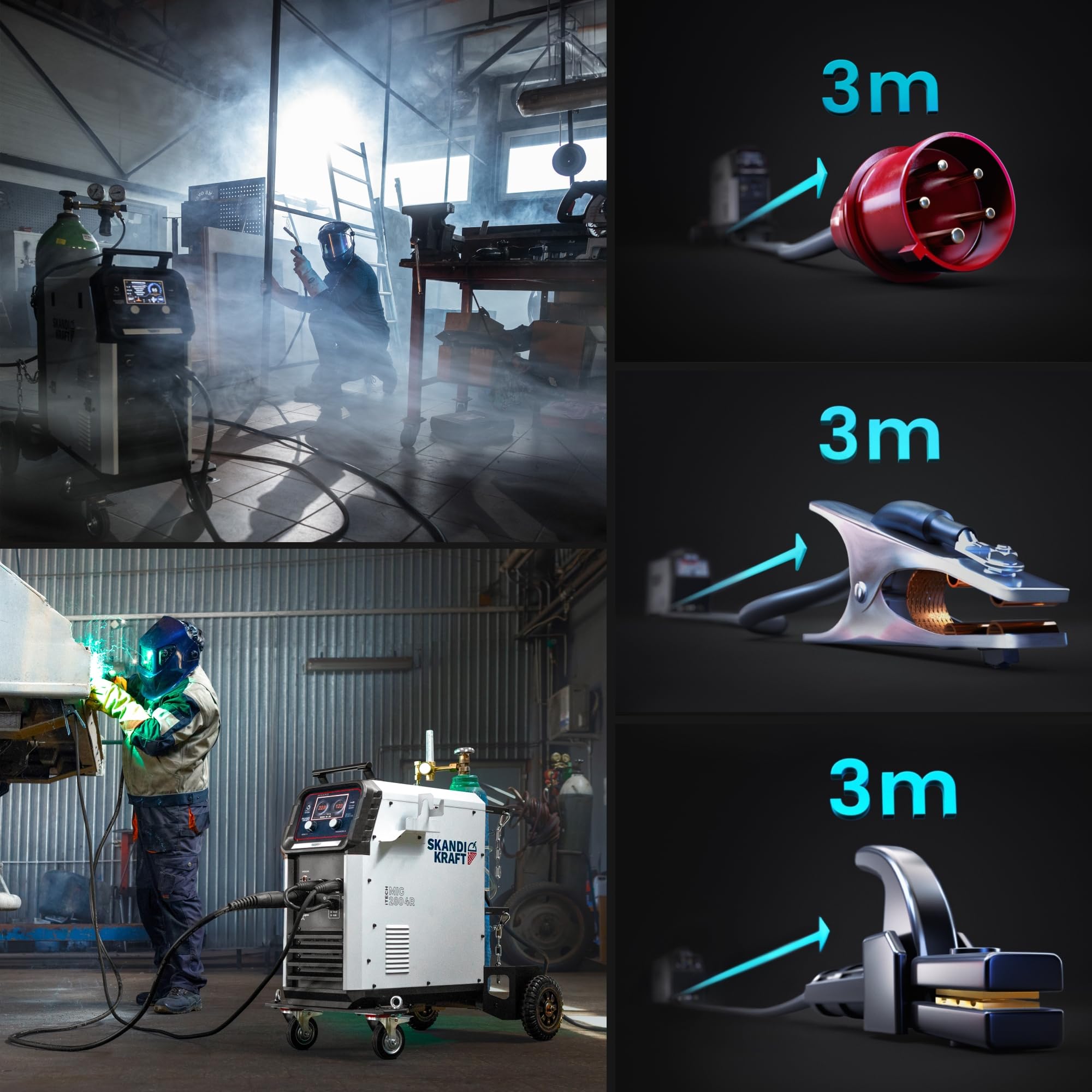 SKANDI KRAFT iTech MIG 280 4R - Saldatrice MIG MAG e saldatrice a gas di protezione da 400 V, bottiglia da 8 l e accessori su carrello di saldatura, 4 rulli, saldatura in alluminio (280 A)