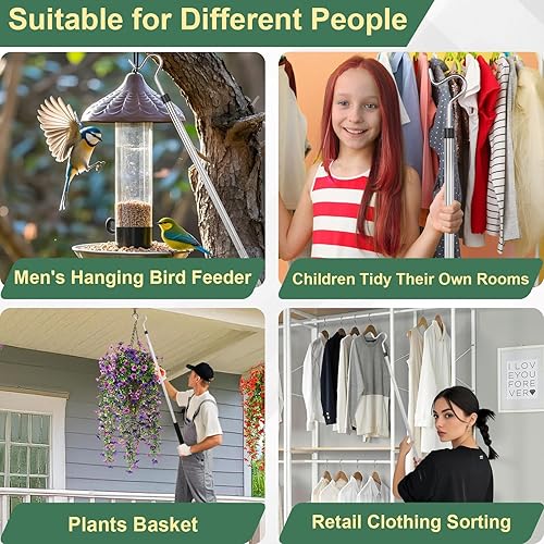 Miniatura 7 de Poste de gancho para ropa, 51 pulgadas, alcance de poste de armario con gancho, mango de esponja de acero inoxidable, longitud del mango de la ropa,