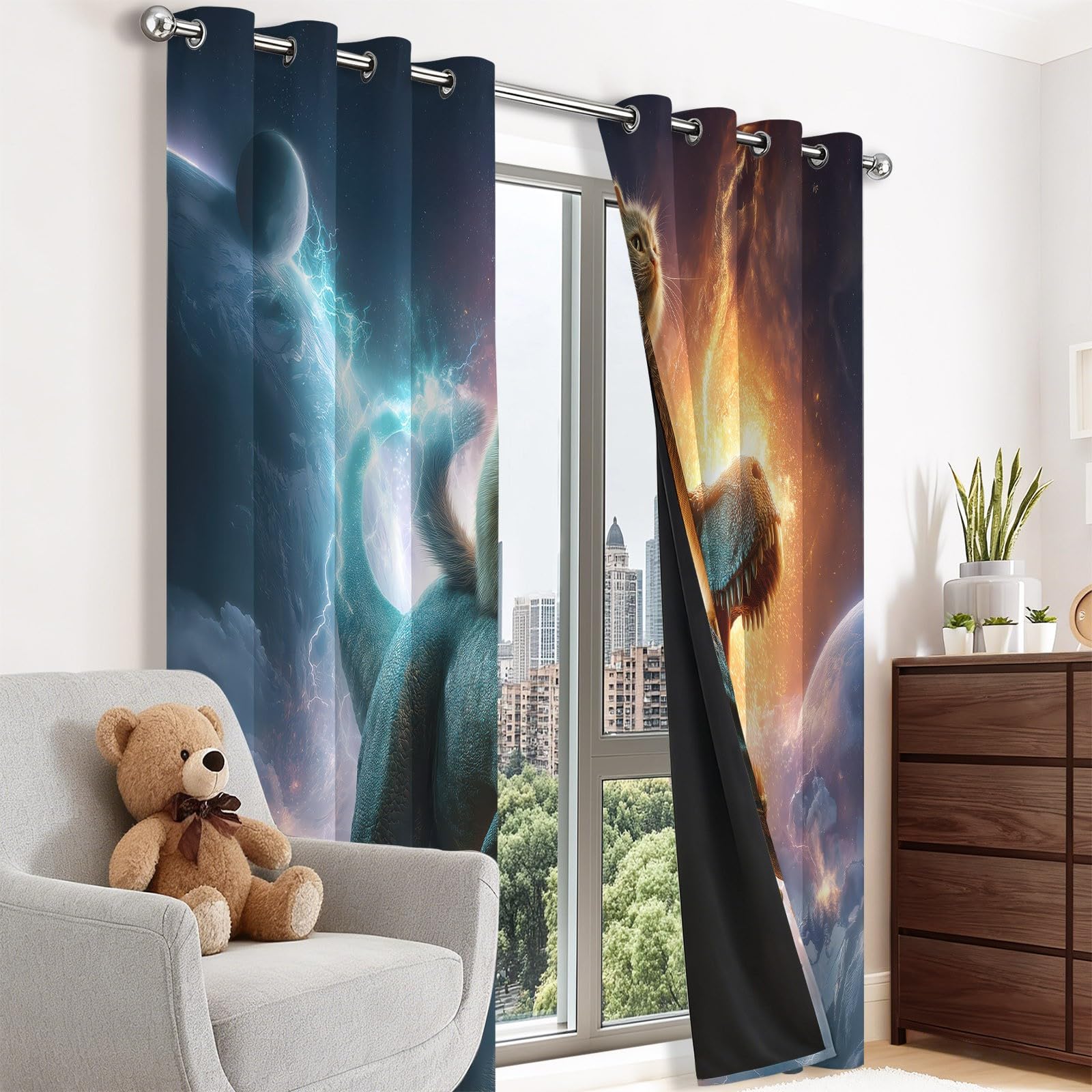 Générique Rideau Occultant Polyester Science-Fiction Rideaux Thermiques à Oeillets, Espace Chat Dinosaure Rideaux Imprimé pour Chambre Cuisine Décoration 140 X 245 cm (LxH) (L x H), Lot de 2