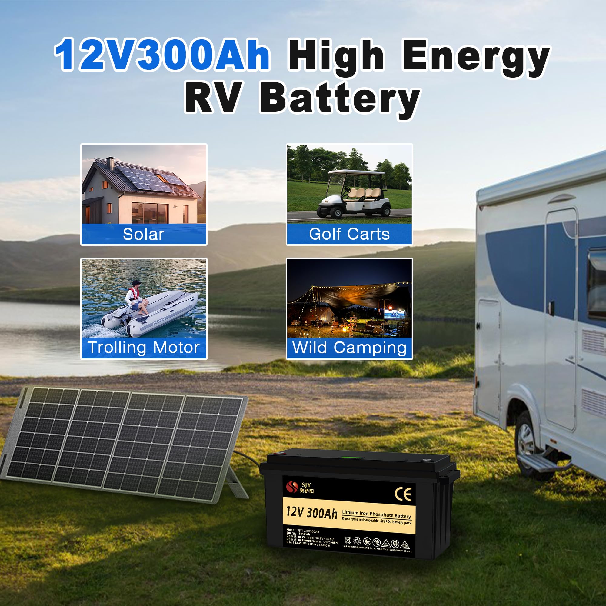 12V 300Ah LifePO4, Akumulator Litowy z 200A BMS Głęboki Cykl Klasa A Bateria LiFePO4 z LCD Idealny do Off-Grid, RV, Systemu Solarnego, Łódźi, Kampera, Przyczepy Turystycznej