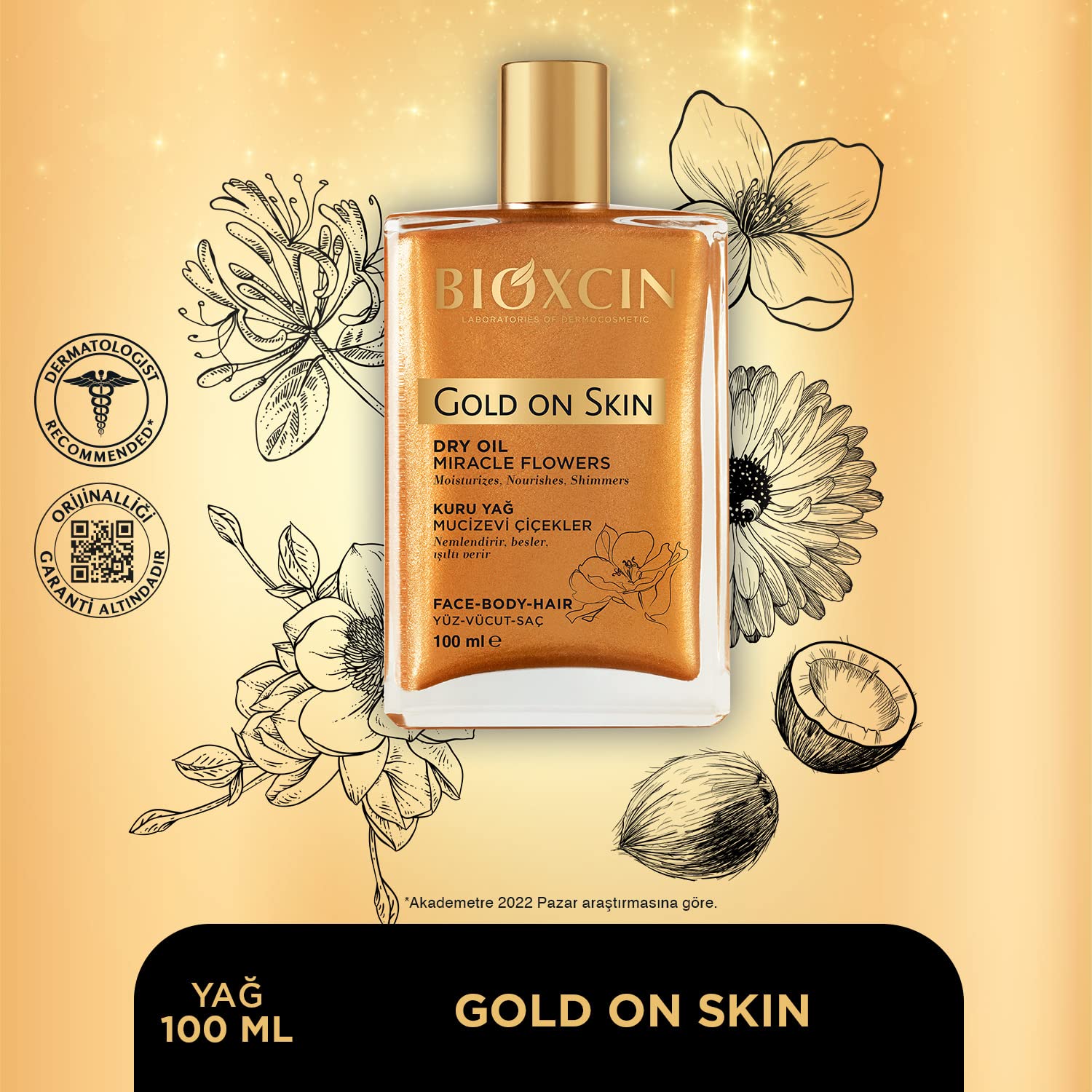Bioxcin Gold On Skin Kuru Yağ – Yasemin, Manolya, Hanımeli, Kalendula ve Hindistan Cevizi Yağları İçeren Işıltı Veren Nemlendirici – 100 ml – Tüm Cilt Tipleri İçin (2 paketi)