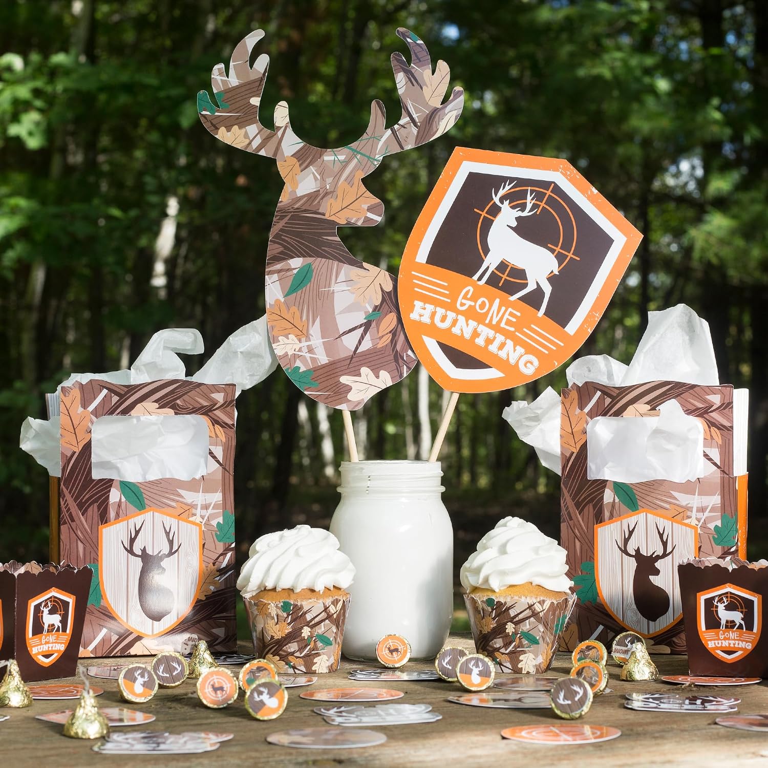 Big Dot of Happiness Gone Hunting - Cupcake Decoration - Deer Hunting Camo Baby Shower or Birthday Wrappers and Treat Picks Kit - Set of 24