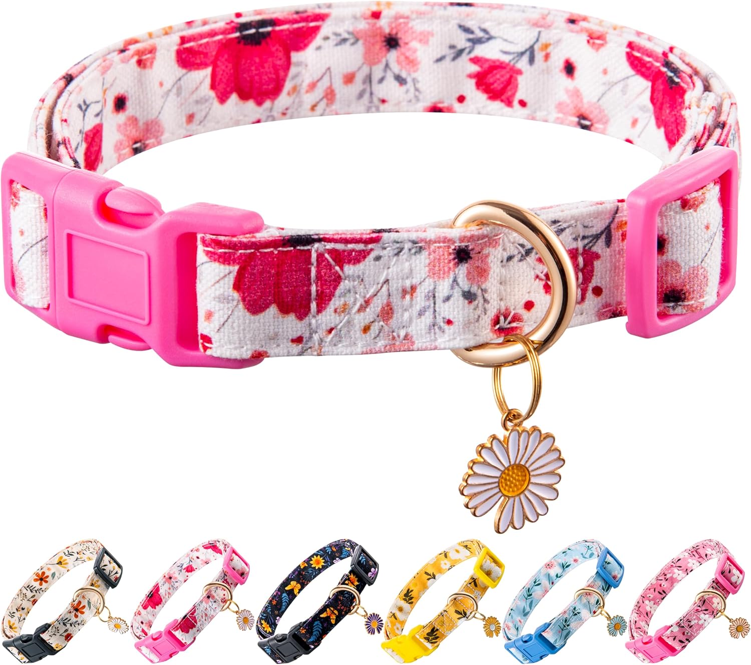 Cotton Dog Collar Light Pink Flower Pattern for Boys and Girls Cute Dog Collars Summer Fall Gift Adjustable for Small to Medium Breed Dogs (S)