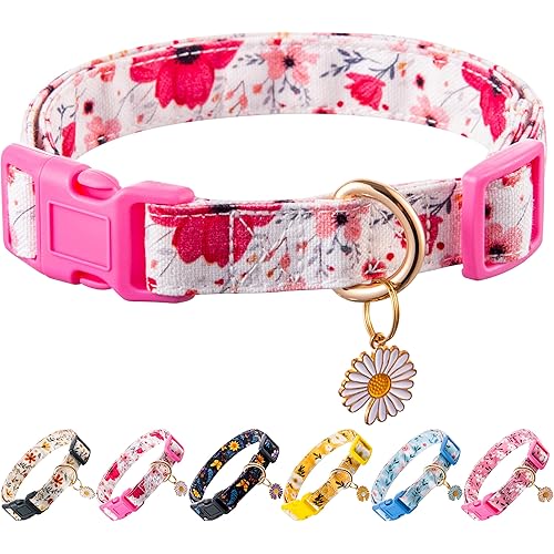 Cotton Dog Collar Light Pink Flower Pattern for Boys and Girls Cute Dog Collars Summer Fall Gift Adjustable for Small to Medium Breed Dogs (S)