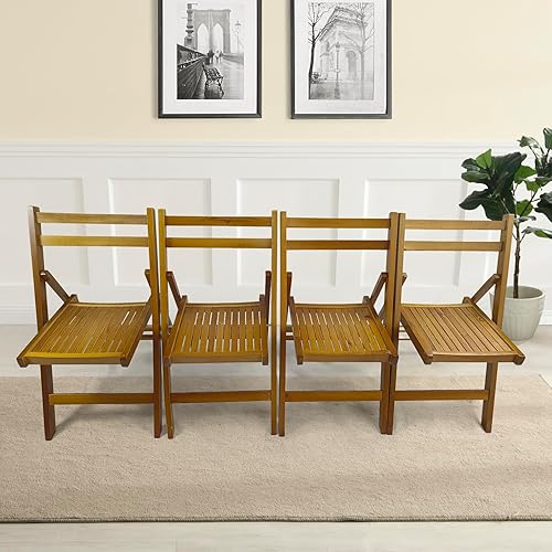 Paquete de 4 sillas plegables de madera, juego de sillas de comedor plegables con asiento de listones de madera maciza y respaldo abierto, silla