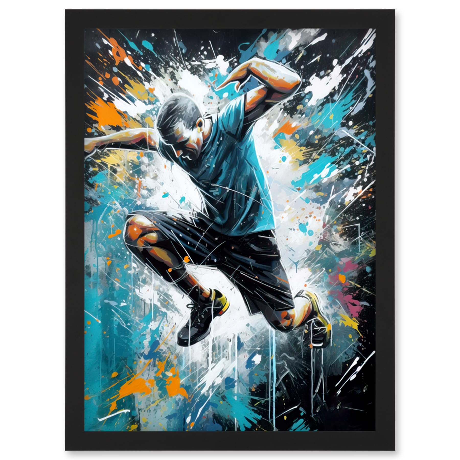 Artery8 Man Doing Parkour Jump Pose Paint Splat Portrait Artwork Framed Wall Art Print A4