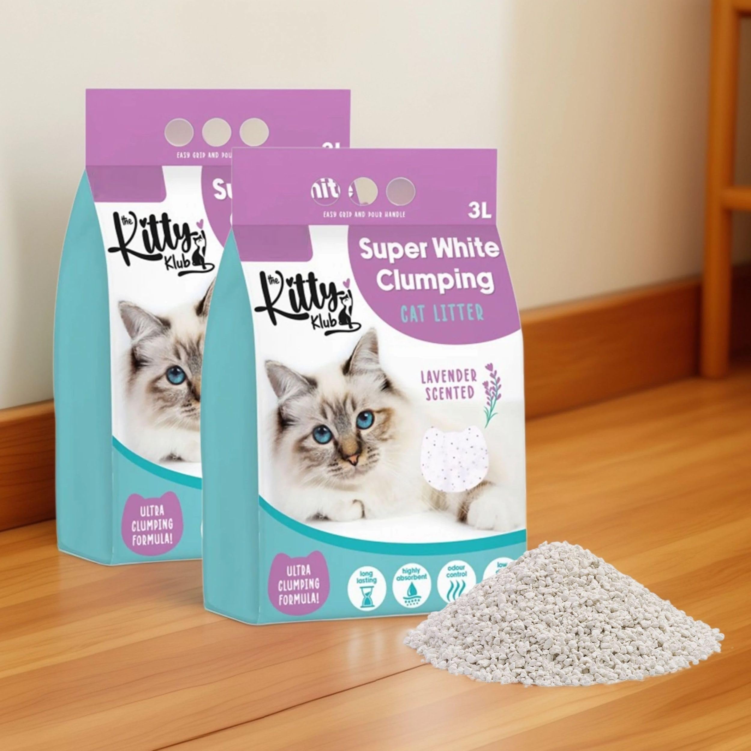 2 Bags of lavender scented cat litter - super white clumping cat litter - odour control low dust highly absorbent long lasting cat and kitten litter 3L.