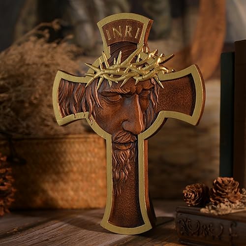 Miniatura 7 de BGCOPPER Corona de espinas Jesús Cruz Wll Decoración, Cruz de madera hecha a mano para pared, Crucifijo INRI Crucifijo de pared para el hogar,