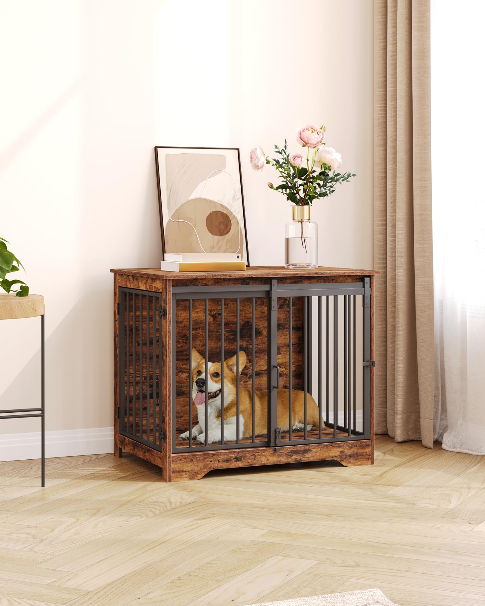 Hzuaneri Hundekäfig Möbel, 81cm hundebox für zuhause, Schiebetüren, 2 Türen, Moderne hundebox Holz Indoor für kleine/mittlere Hunde, Hundekäfig für Zuhause, 81 x 55 x 67,5cm, Vintagebraun DFC83601B