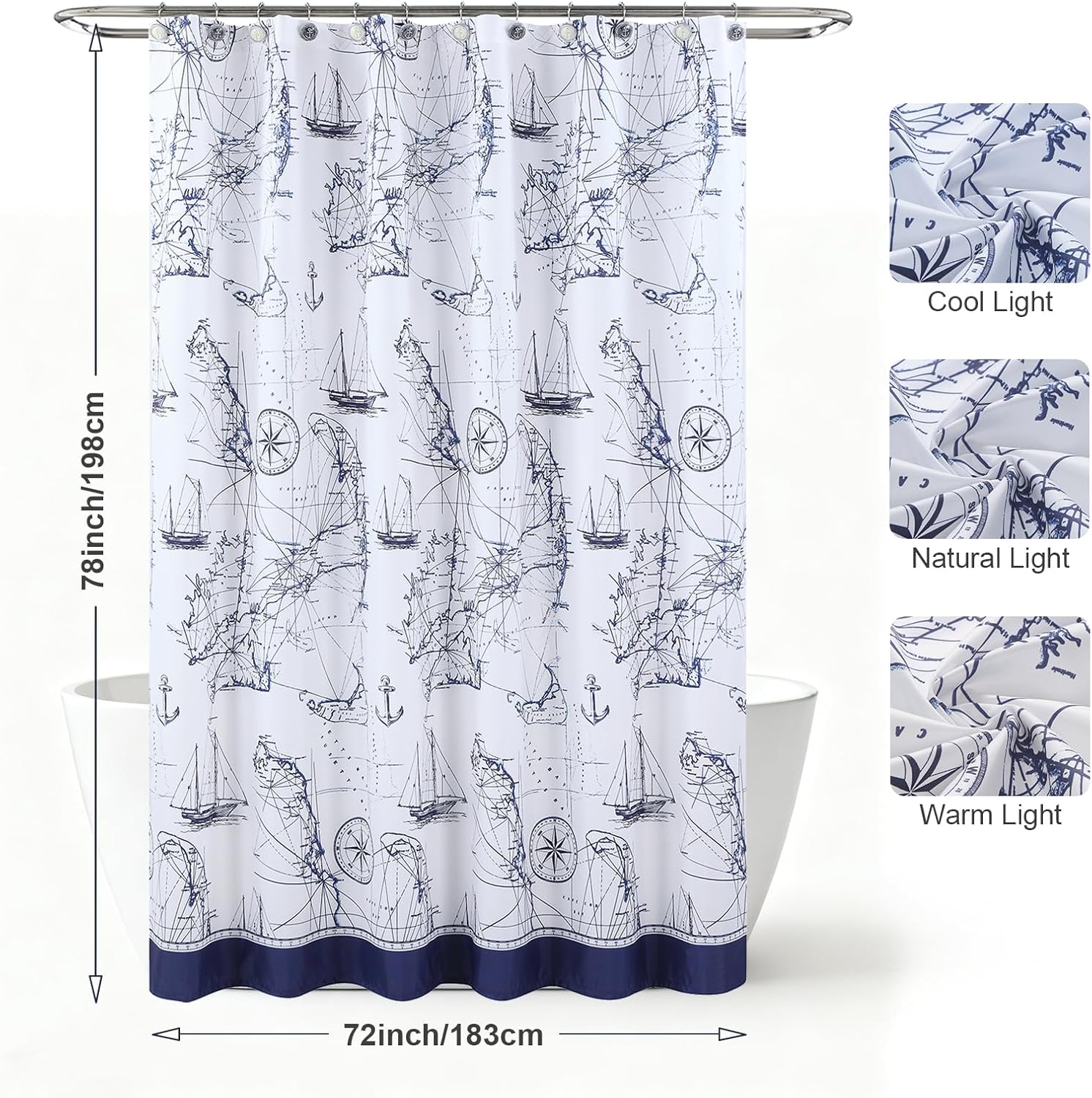 Nautical Fabric Shower Curtain, Navy and White Ocean Theme Shower Curtain with Anchor & Sailboat, Waterproof Washable Coastal Decorative Bathroom Curtains, 72" W x 78" H