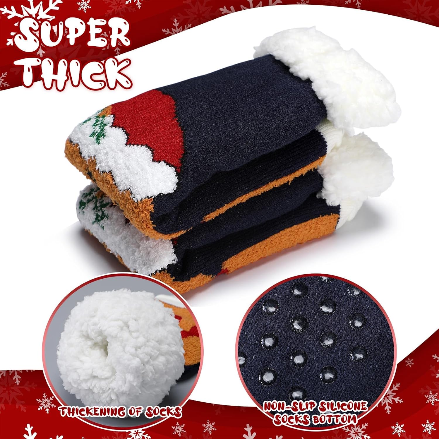 4 Packs Christmas Fuzzy Slipper Socks Xmas Fluffy Sherpa Thermal Socks with Grippers for Women men - Image 6