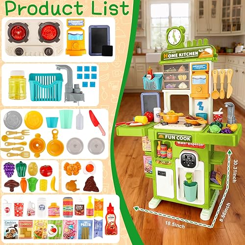 Miniatura 7 de Juego de cocina de juguete mejorado para niños pequeños, mini juego de cocina con fregadero rociador e iluminación realista, juguetes de cocina para