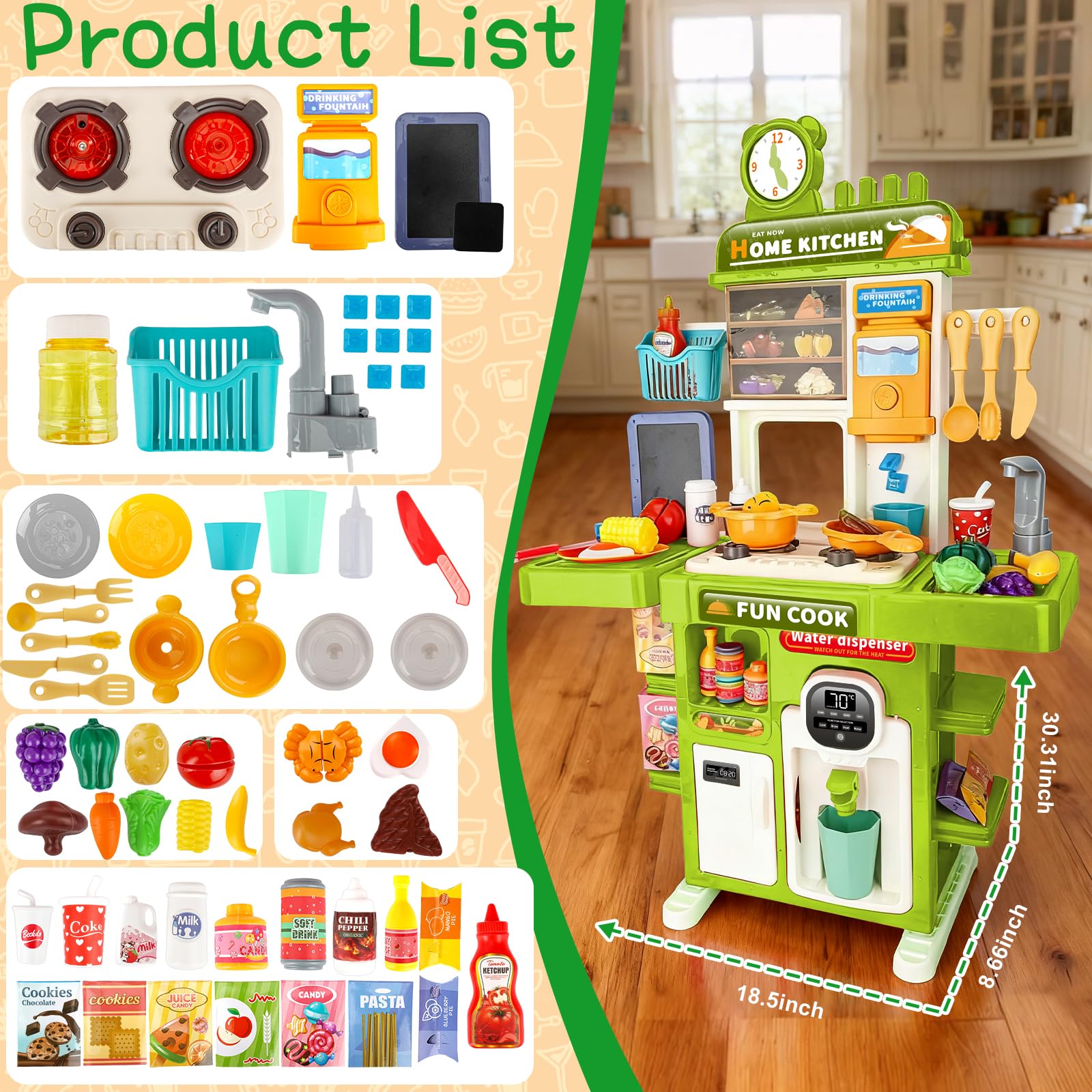 Cocina Juguete Niños Set de Cocina en Miniatura con Fregadero de Spray y Iluminación Realista, Juego de Cocina Simulada para Niñas y Niños de 3 4 5 Años, Regalo (Verde)