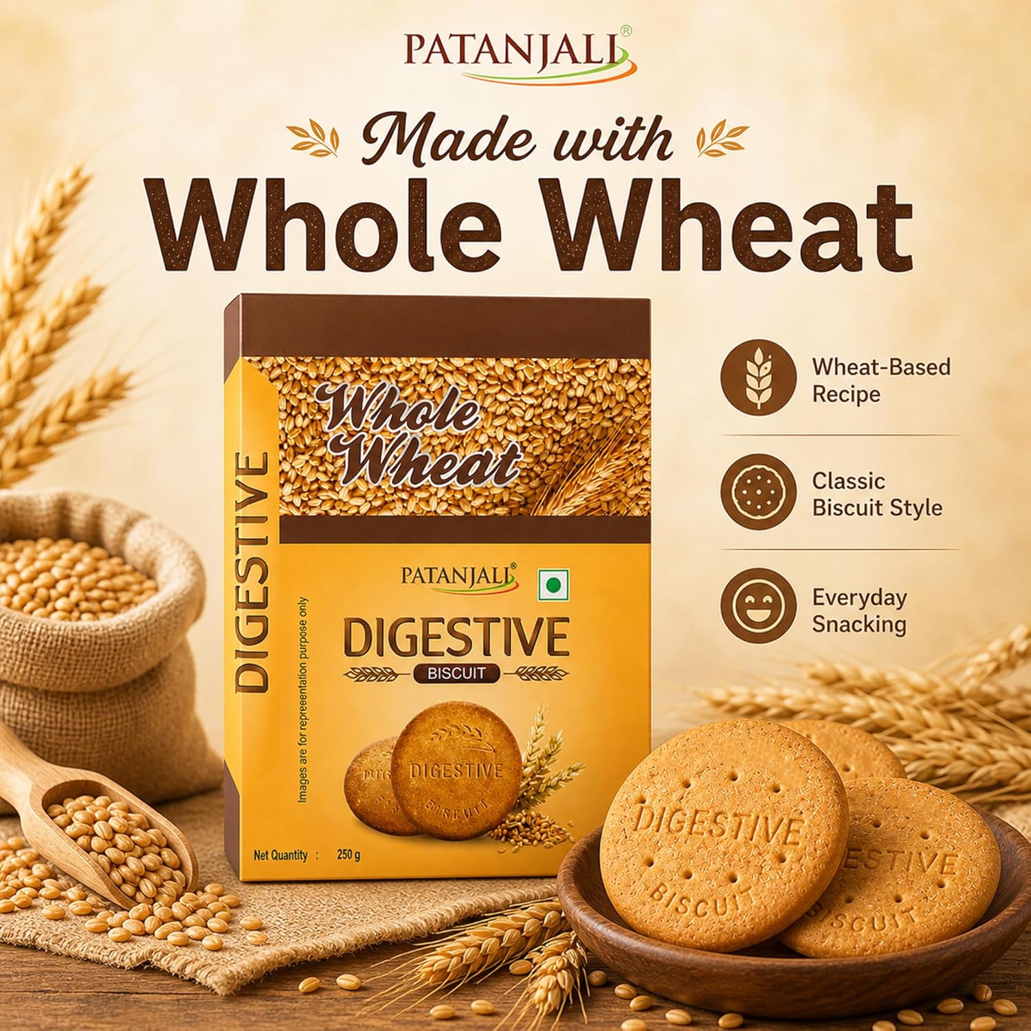 Patanjali Whole Wheat Digestive Biscuits - (Pack Of 3) - 250g / 0.55 lb