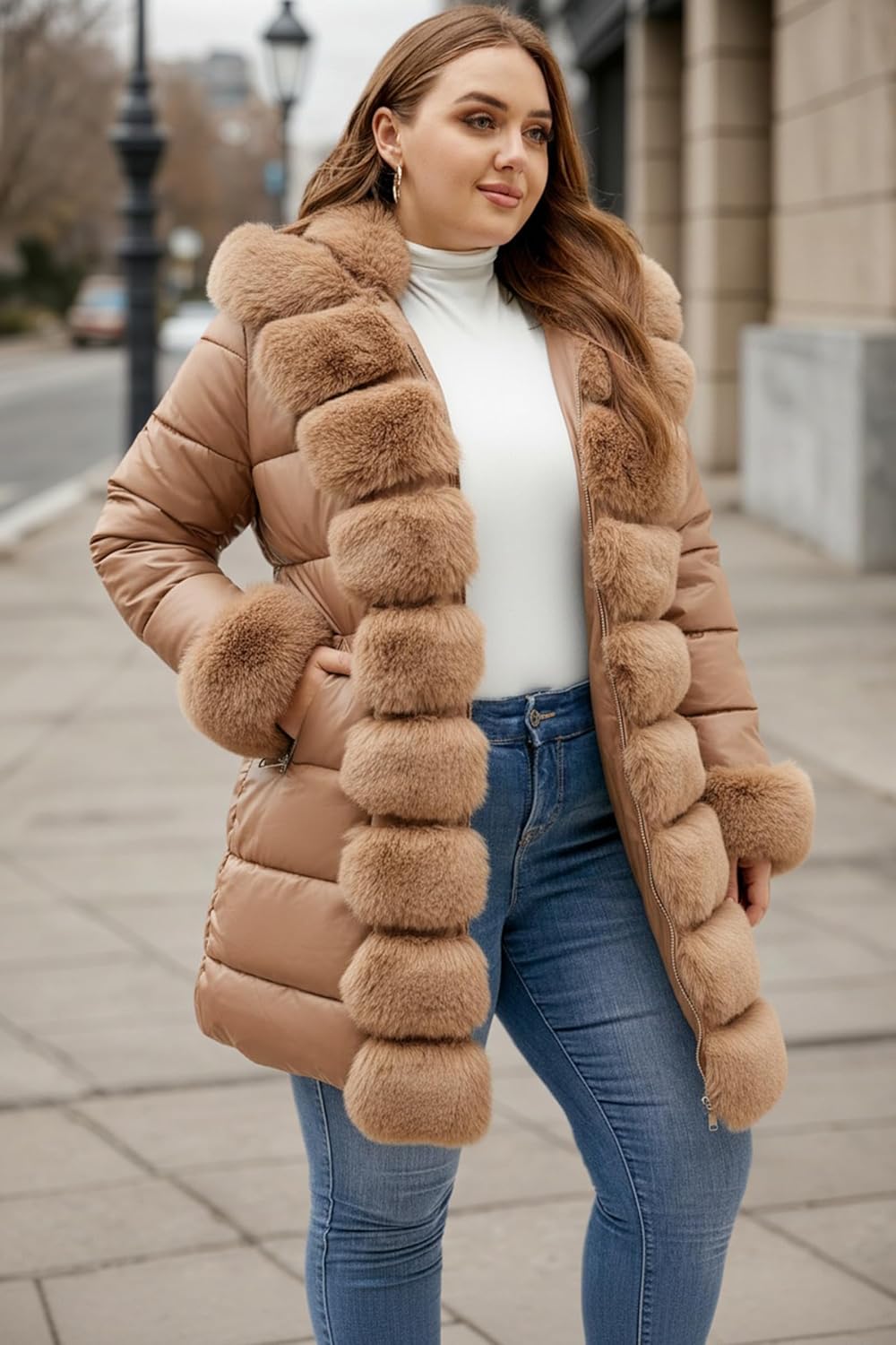 RISISSIDA Women Cold-resistant Winter Fur Lined Coat,Puffer Jacket with Long Fur Trim Hooded,Warm Leather Bubble Overcoat - Image 3