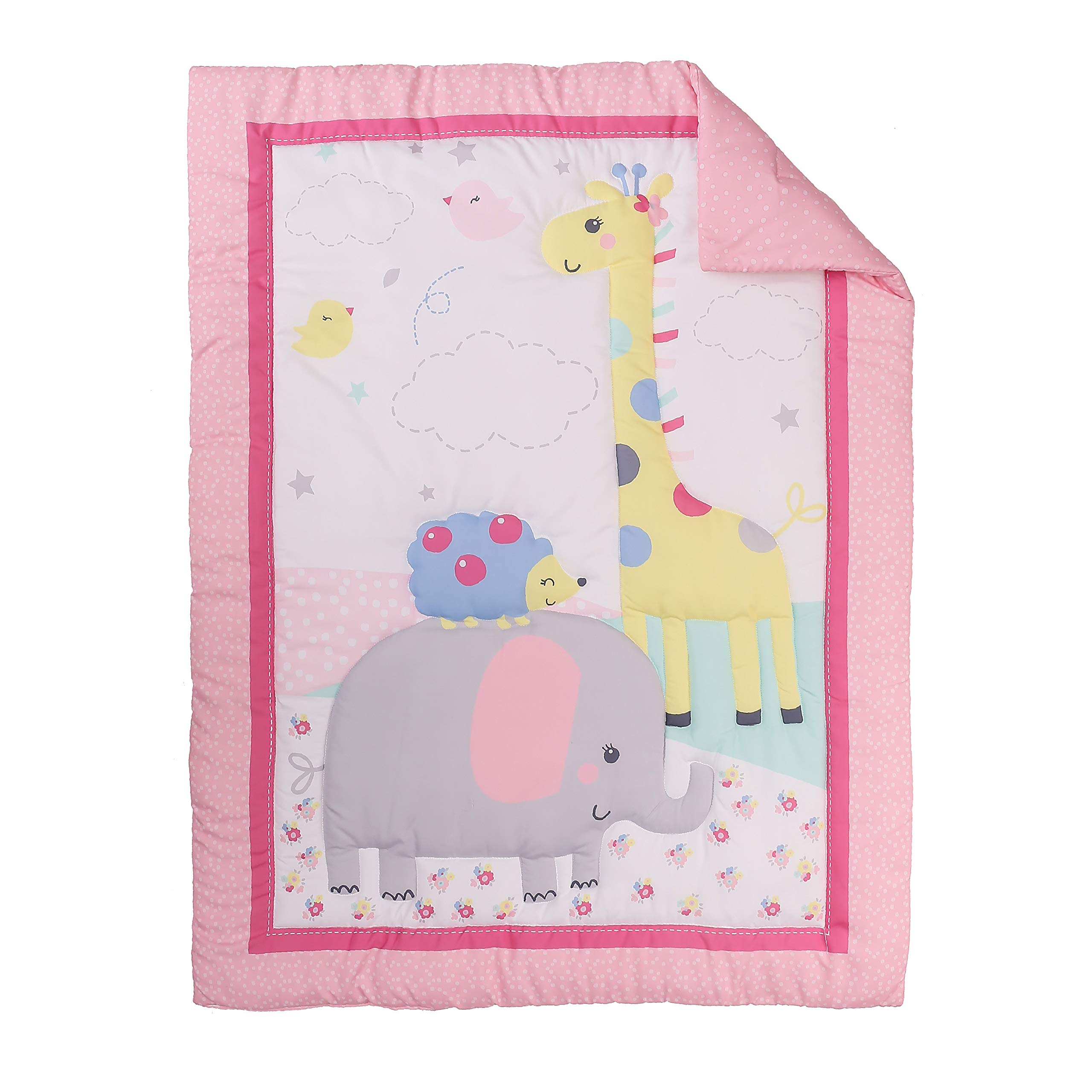 Brandream - Juego de cama para cuna de bebé para niña, diseño de animales de la selva con edredón, sábana bajera ajustable, falda de pañales, estampado de pájaro, jirafa de elefante, 4 piezas