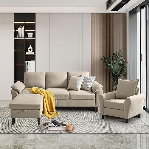 Miniatura 17 de Juego de sofá de pana de 3 piezas para sala de estar con sofá, otomana de almacenamiento y silla individual Gris oscuro,Beige,Negro,Verde,Gris