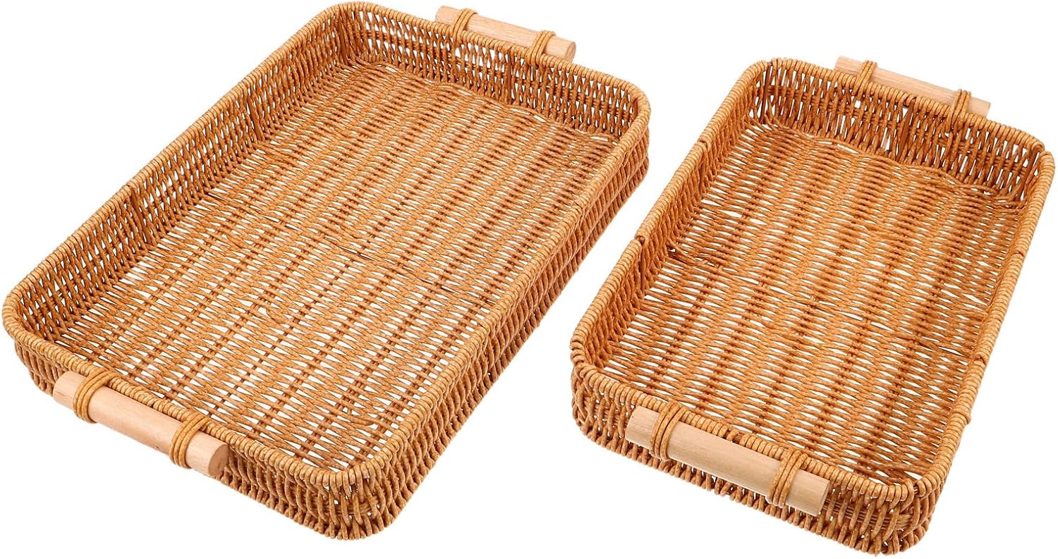 Healeved Handwoven Rectangular Rattan Bread Baskets with Handles 2pc Set, Handmade Woven Storage Trays for Kitchen and Living Room, Decorative Serving Baskets for Bread Fruit Snacks