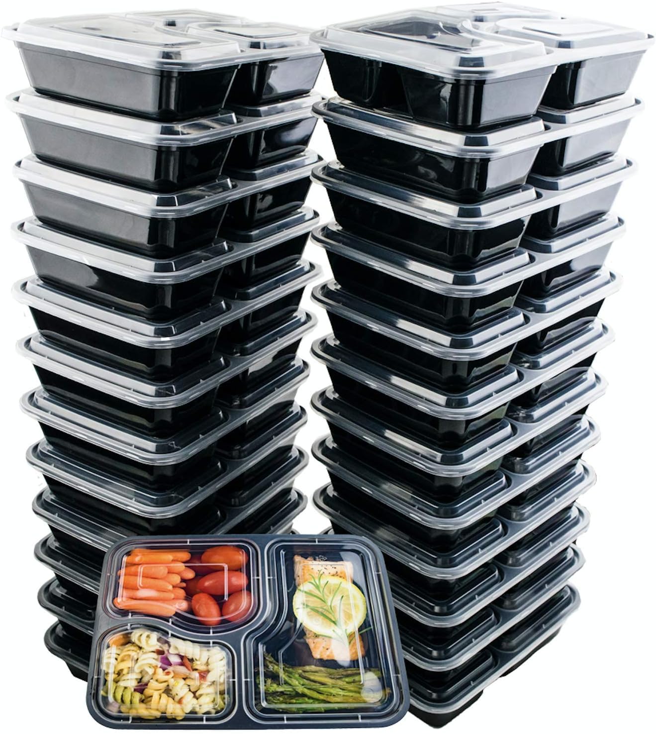 24 Pack of 32 Ounce Lunch To Go Containers, 3 Compartment Healthy Meal Prep Food Storage Container with Lids, BPA Free, Microwavable, Reusable, Portion Control Bento Boxes, by FreshSnaps