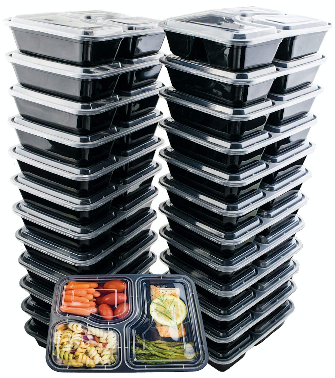24 Pack of 32 Ounce Lunch To Go Containers, 3 Compartment Healthy Meal Prep Food Storage Container with Lids, BPA Free, Microwavable, Reusable, Portion Control Bento Boxes, by FreshSnaps