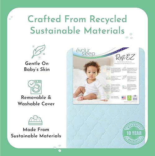 Miniatura 7 de Evolur Rest EZ - Colchón miniatura 2 en 1 para cuna, certificado JPMA y Greenguard Gold, hecho de materiales reciclados sostenibles, color azul