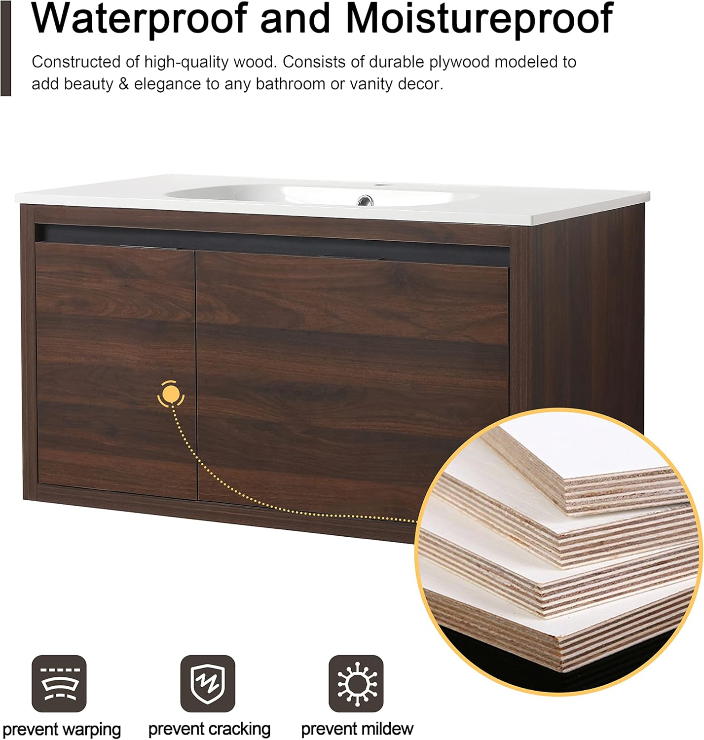 Malwee 36" Floating Bathroom Vanity with Sink, 36 Inch Single Sink Wall Mounted Bathroom Vanity, with 1 Door and 1 Drawer, White Resin Basin Sink Top (046-36)