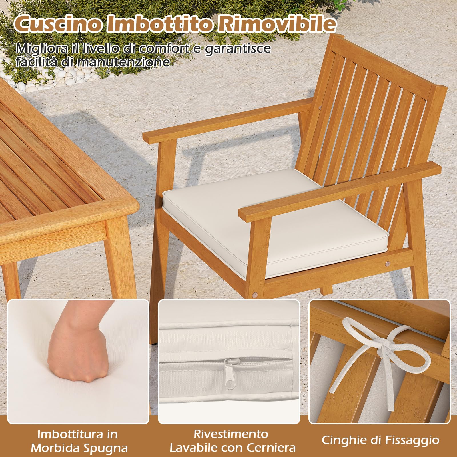 COSTWAY Set 2 Sedie da Giardino, Poltrone in Legno di Acacia per Esterno, con Cuscino, per Giardino Patio Cortile, Portata 180 kg, 64 x 59 x 86 cm (Giallo Teak)