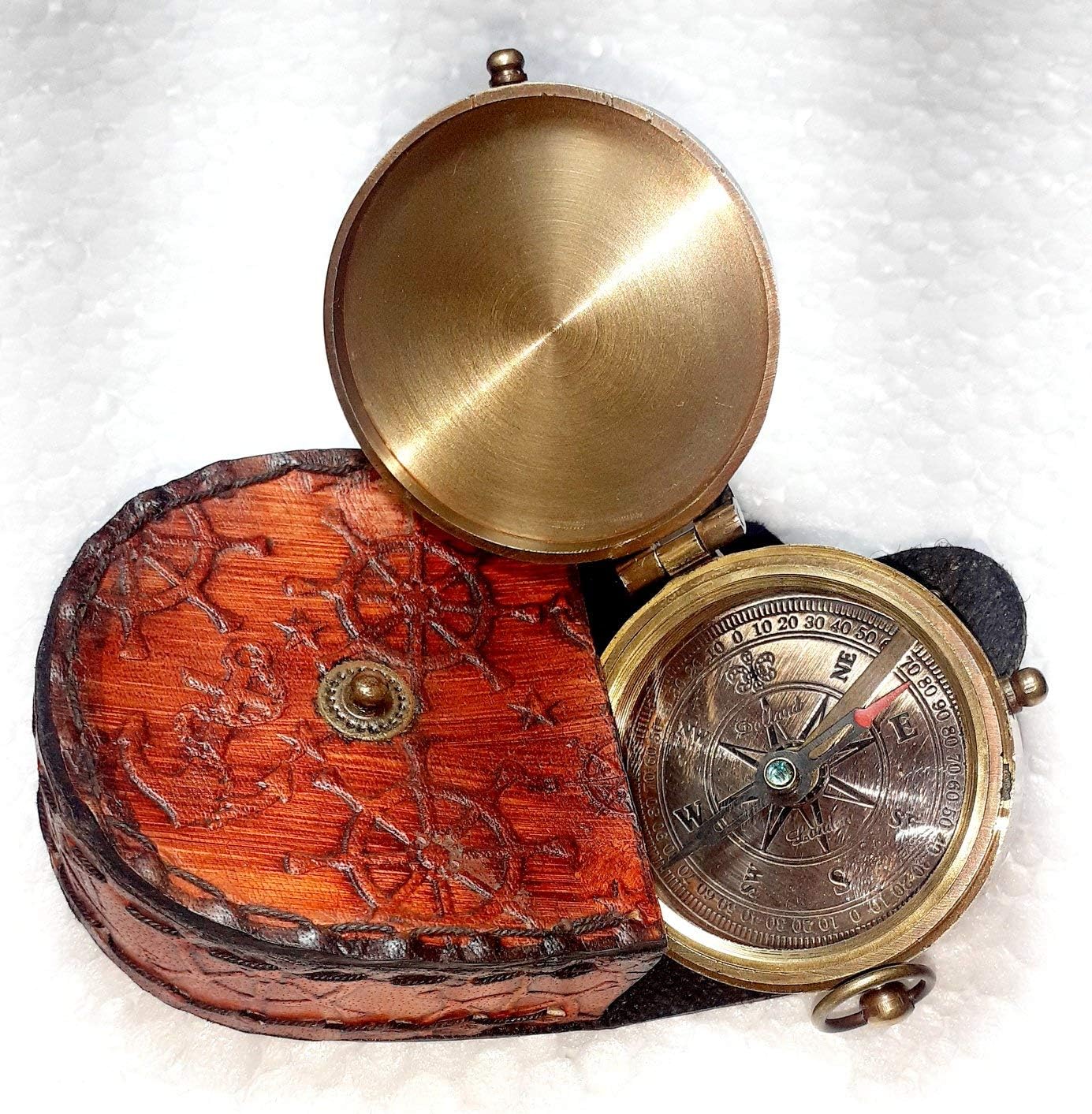 Vintage Star Brass Sundial Compass Navigation Marine Pocket Sundial Hand Compass with Lather case2 INCH Solid Brass MAGNTICK Compass SUNDAL