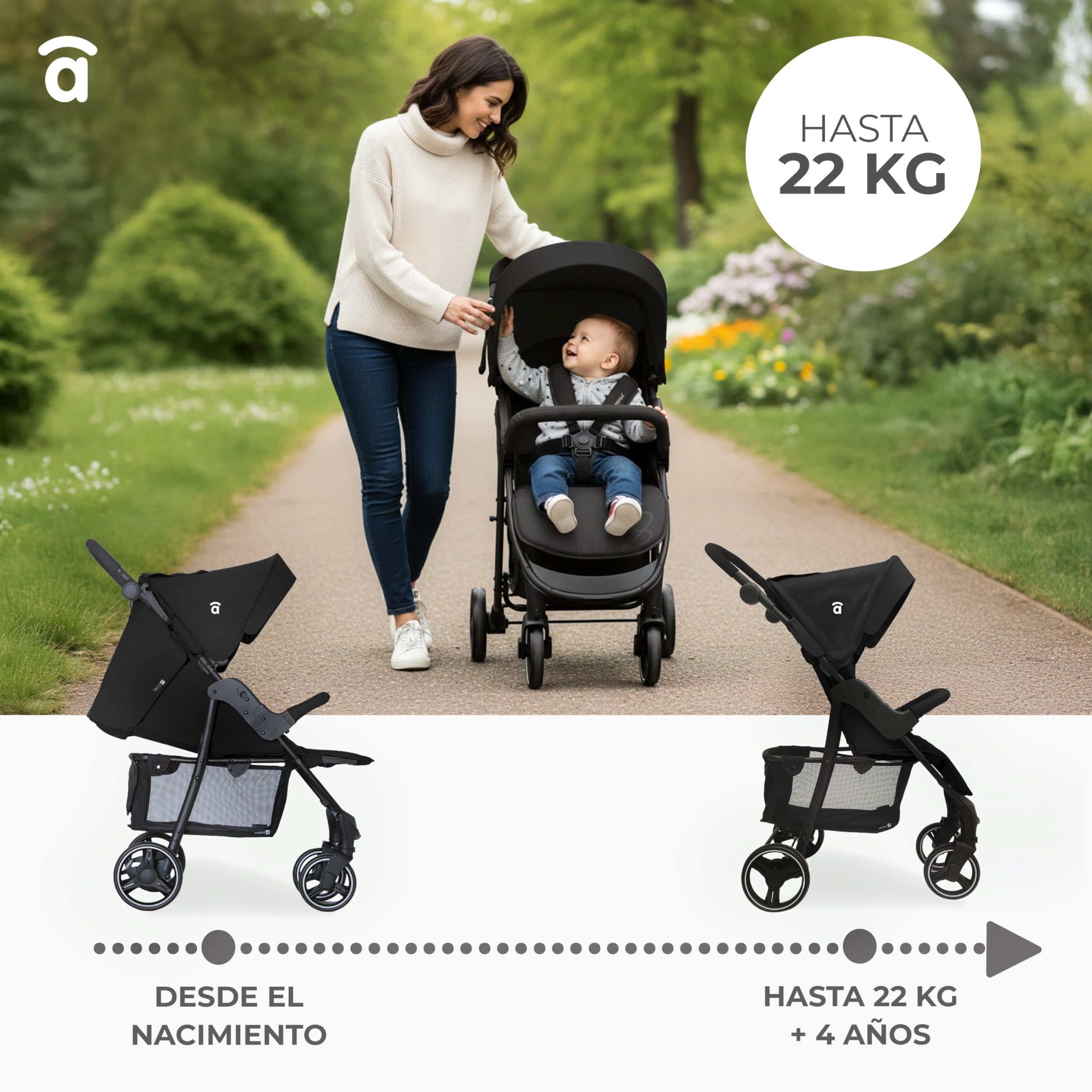 Asalvo AMÉRICA 3 Silla de Paseo, Carrito bebé, Carro para bebés, Confortable, Ultraligera, Segura, Capota con Ventana y Freno Trasero, Manejable, Plegado compacto, Carga Máxima 24 kg, Rosa