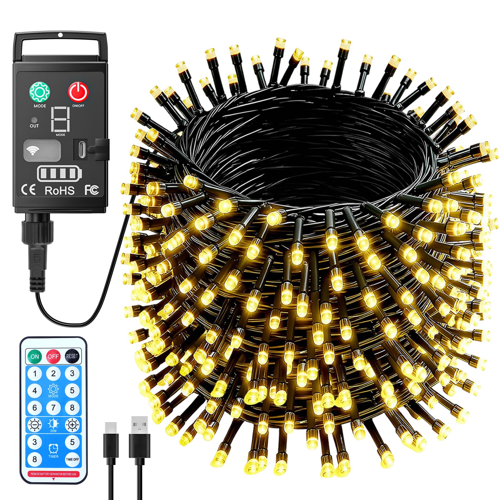 Kinamy LED Lichterkette Außen Batterie, 20M 200 LED Warmweiß Lichterkette Outdoor USB Aufladbare, 8 Modi mit Timer und Fernbedienung, Wasserdicht Lichterketten Aussen Innen für Weihnachten Balkon