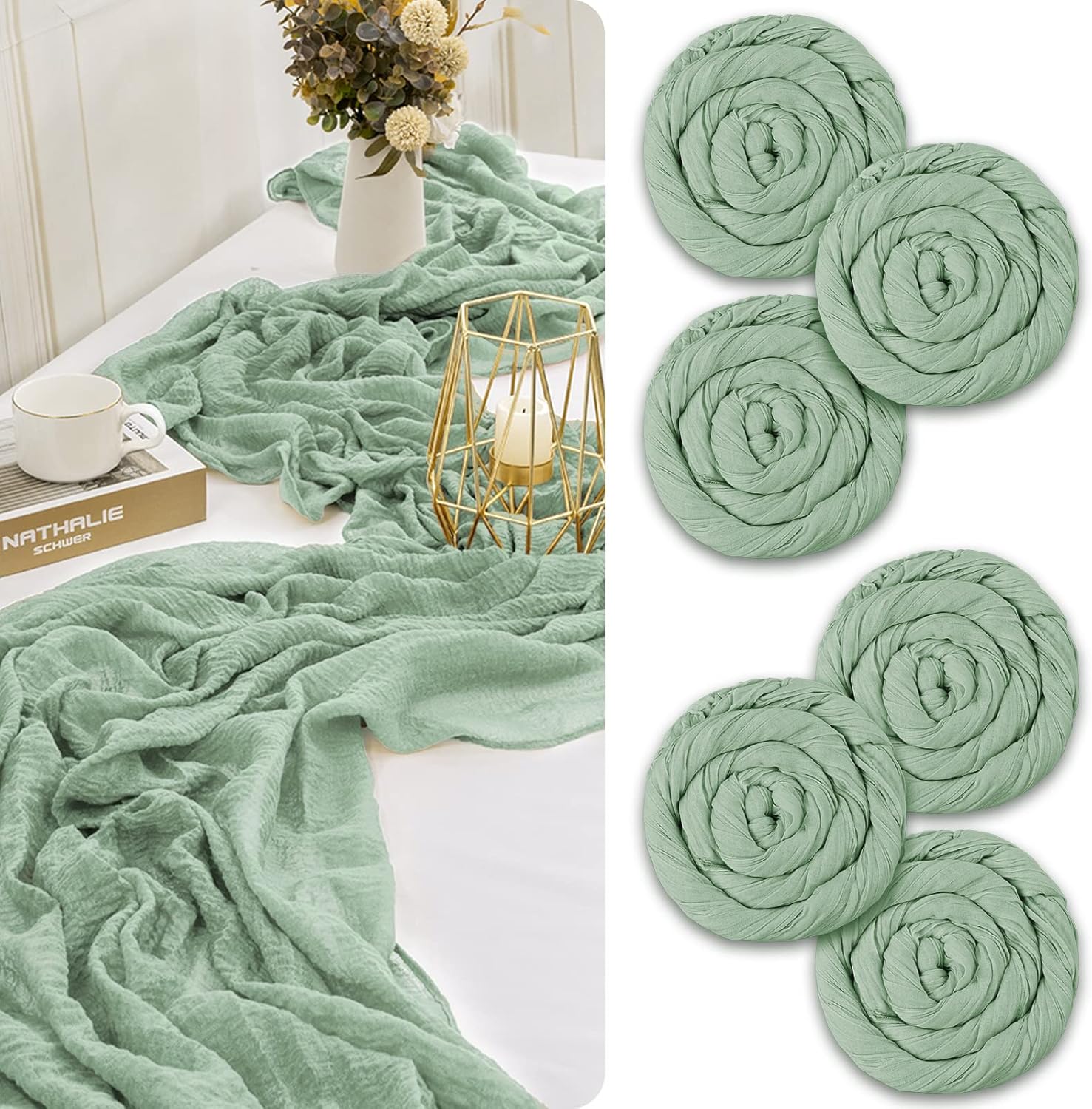 6Pack Cheesecloth Table Runner, 10FT Long Sage Green