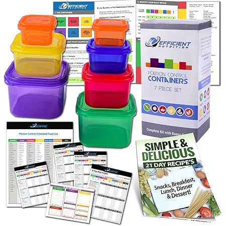 Efficient Nutrition Portion Control Containers Kit (7-Piece) + COMPLETE GUIDE + 21 DAY PLANNER + RECIPE eBOOK, BPA FREE Meal Prep System for Diet and Weight Loss, Similar to 21 Day Fix Containers