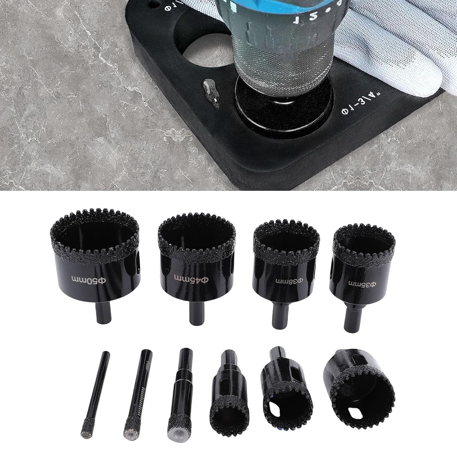 Yunseity 10Pcs Hole Saw Tile Drill Bits Kit, Carbon Steel, Dual Purpose Hole Opener for Ceramic Glass Tile, EVA Jig, Black, Serrated Brazing Drill Bit Set with EVA Jig