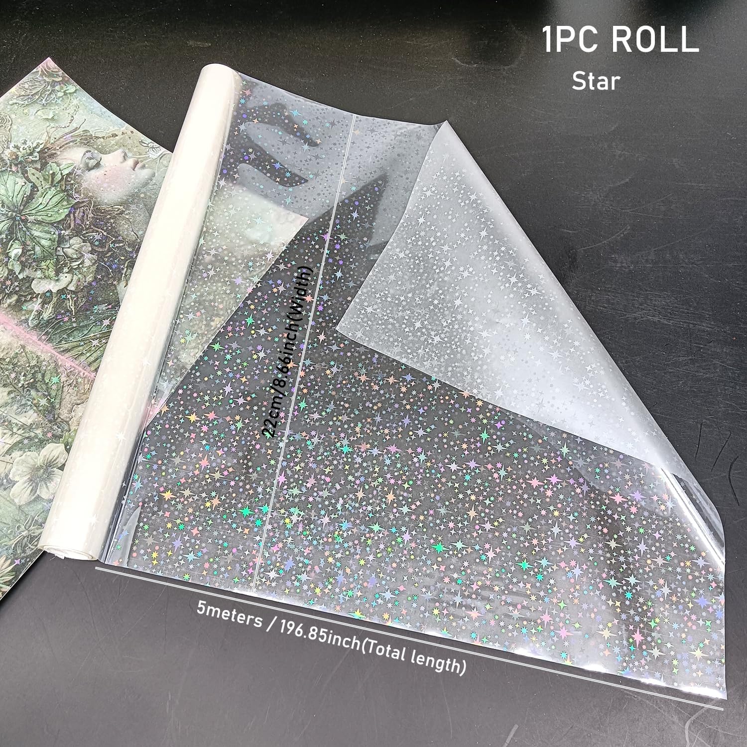 1pc BOPP Holographic Precoated Film, 0.98mil Thickness, 22cm×5m-Glitter Holographic Overlay Laminating Film 4 Styles, Waterproof&Scratch-Proof, for Scrapbooking and Office Use (Stars(Transparent))