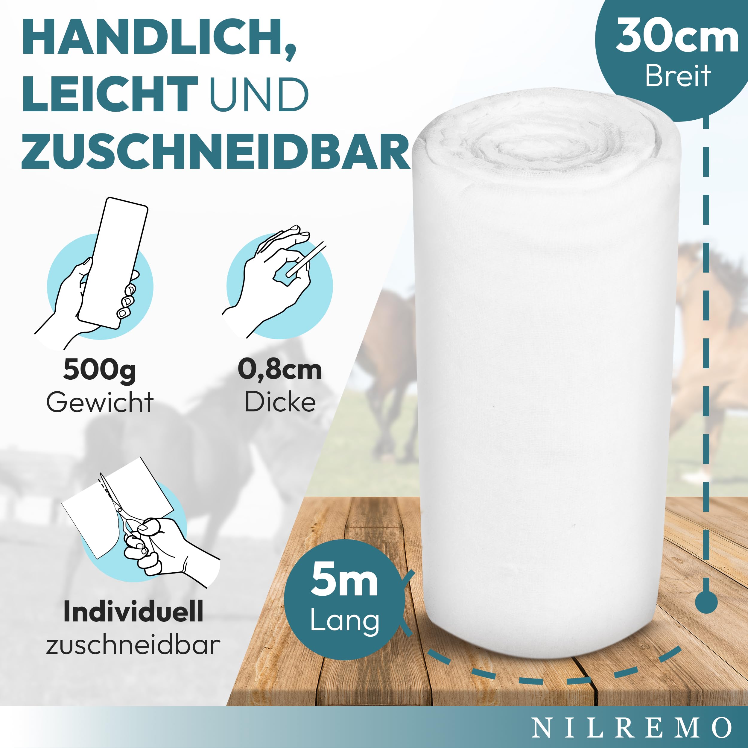 Pferde-Mullwatterolle im Mullumschlag, Verbandwatte 30cmx5m für optimale Wundversorgung und Schutz des Pferdes, perfekt für Stallapotheke
