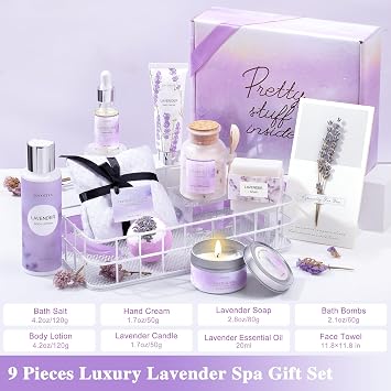 Gifts for Women, 10 Pc Lavender Spa Gift Basket for Women Bath Gift Set