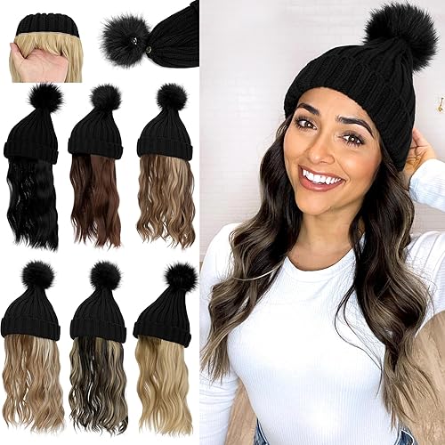 Lansigreen Gorro con peluca, gorro con cabello, extensiones de cabello largo y ondulado, gorro de punto acanalado, con pompón adjunto, 14 pulgadas,
