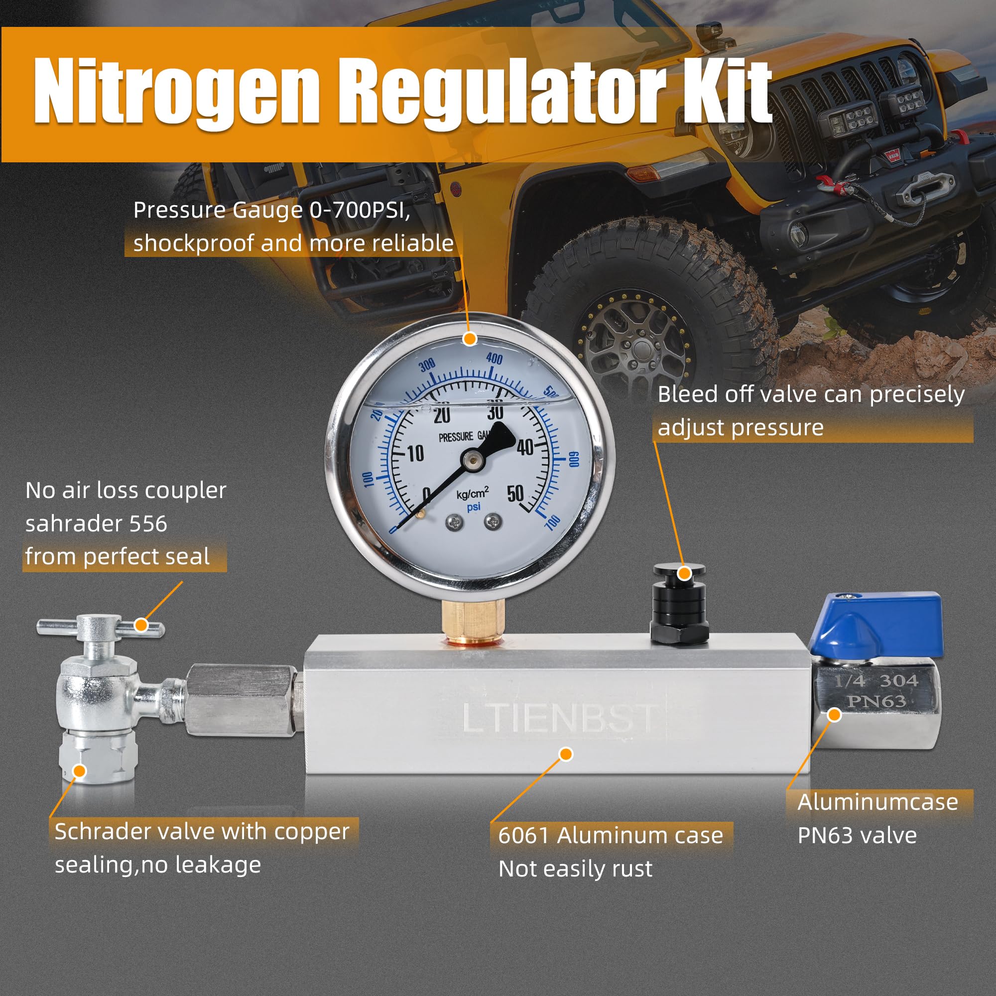 LTIENBST 700PSI Nitrogen Regulator Kit Chuck Shock Fill Kit Pressure Test Tool Compatible with ATV,UTVs,Off-Road Bike,or Cars' Shocks with Schrader Valves