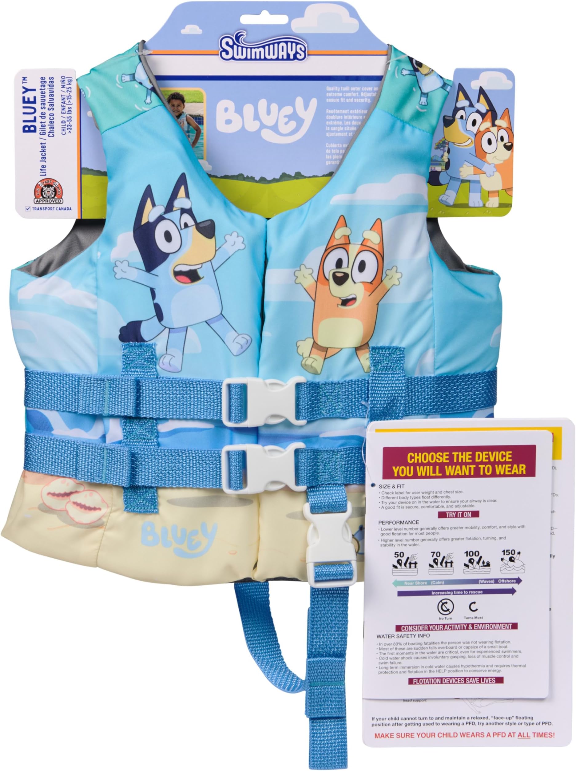 SwimWays Bluey Life Jacket, US Coast Guard Approved Kids Swim Vest, 33-55 lbs, Bluey