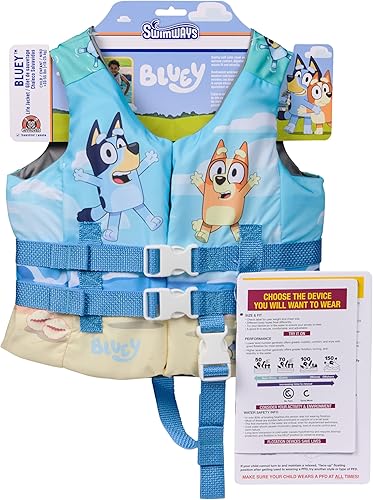 SwimWays Bluey Chaleco salvavidas para niños, aprobado por la Guardia Costera de Estados Unidos, 33-55 libras, azul