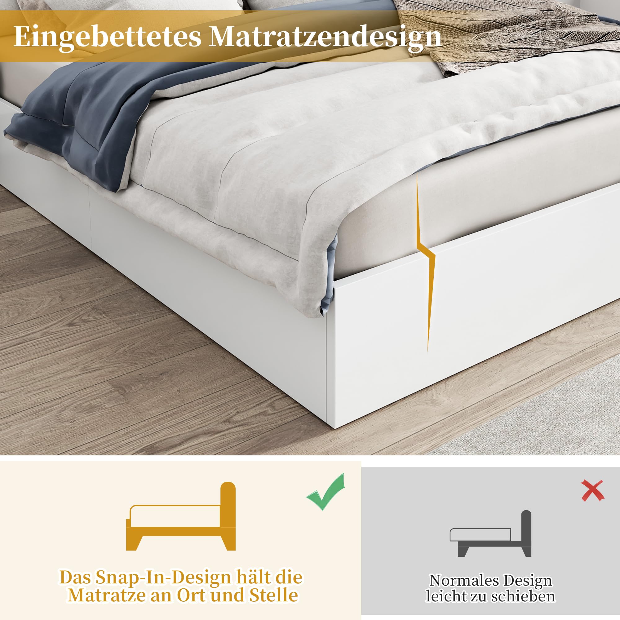 Mrwoo Polsterbett 180x200cm, Holzbett mit USB und Anschluss, Doppelbett mit Bluetooth- Lautsprecher und Farblichtleiste, Weiß (Ohne Matratze)
