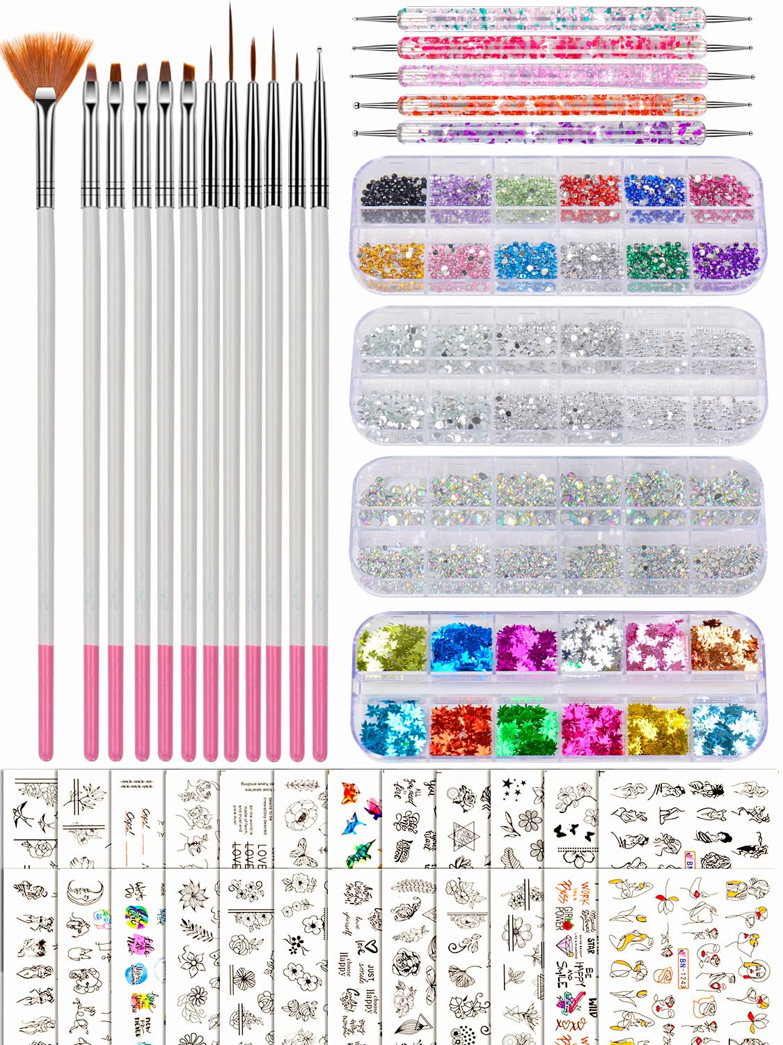 Spearlcable Nail Art Brushes,Nail Art Decoration Kit,Nail Pen Designer Dotting Tools,24 Sheets Nail Stickers Crystal Rhinestones Set Maple Leaf Glitter for Acrylic Nail Art (A) : Beauty & Personal Care