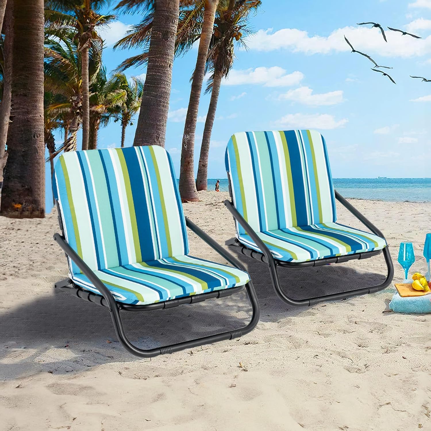 GYMAX Beach Chair, 2 Pack 300LBS Low Beach Chair with Shoulder Strap, Removable Cushion & Aluminum Frame, Folding Reclining Beach Lounge, Heavy Duty Portable for Adults (1, Blue Stripe)