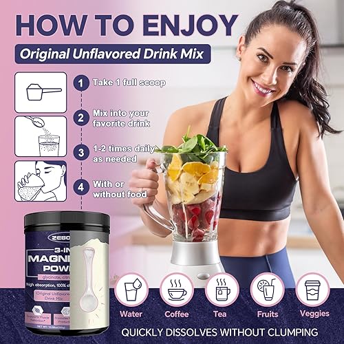 Miniatura 7 de ZEBORA Polvo de Magnesio para Dormir, Suplemento de Complejo de Magnesio Quelado con Glicinato, Citrato y Malato, Mezcla de Bebida Sin Sabor con