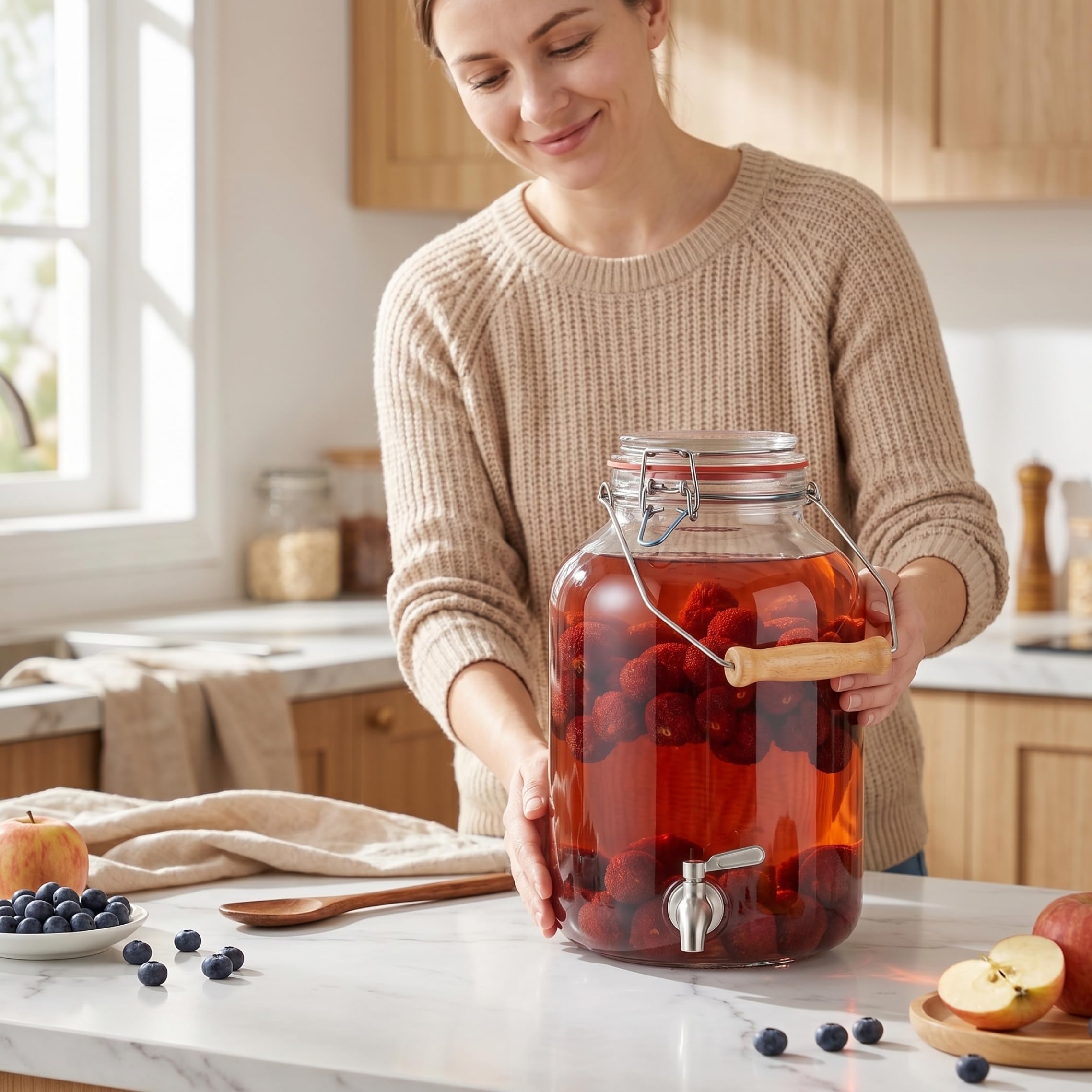Dispensador de bebidas de vidrio, jarra de agua de 5 litros con espiga y mango de bambú, dispensador de bebidas para fiestas, transparente