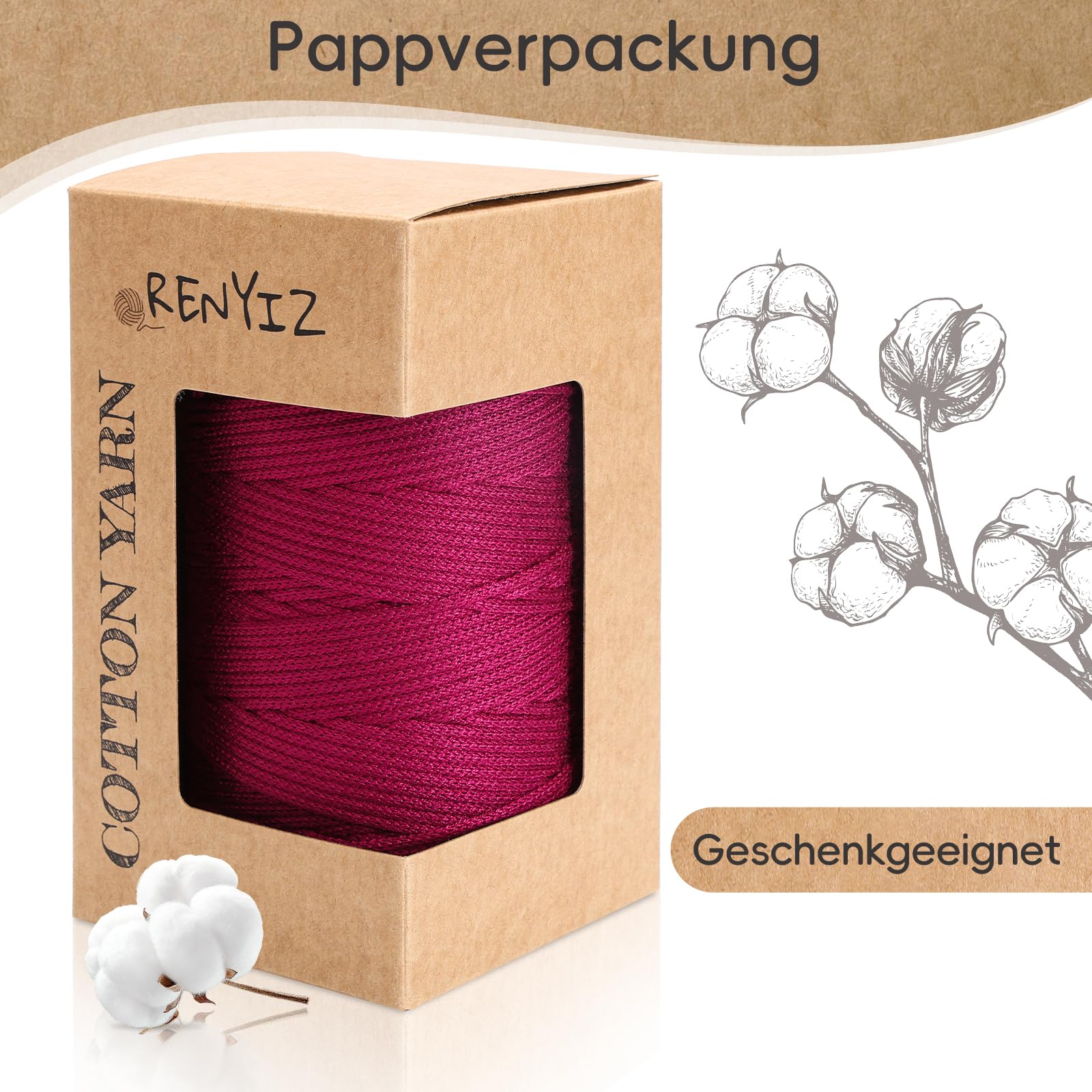 Renyiz Przędza do makramy 2,5 mm, 2 x 250 g, przędza bawełniana z 3 mm, do szydełkowania, do torebek i projektów rzemieślniczych, odpowiednia dla początkujących Cotton Yarn